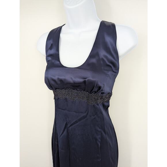 Navy Satin Beaded Halter Evening Gown Open Back Formal Maxi Dress Size 6 - Picture 1 of 9